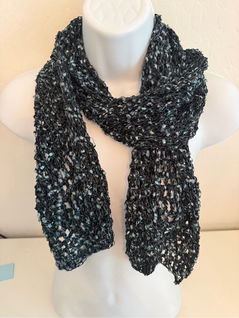 Lightweight Black Knit Scarf with Subtle Aqua Speckle